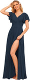 V Neck Bridesmaid Dresses for Women with Slit 2025 Flutter Sleeve Chiffon Pleats Formal Dress with Pockets