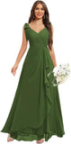 Chiffon Bridesmaid Dresses for Women Ruffles V Neck Flowy Long Formal Evening Dress with Bow