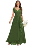 Chiffon Bridesmaid Dresses for Women Ruffles V Neck Flowy Long Formal Evening Dress with Bow