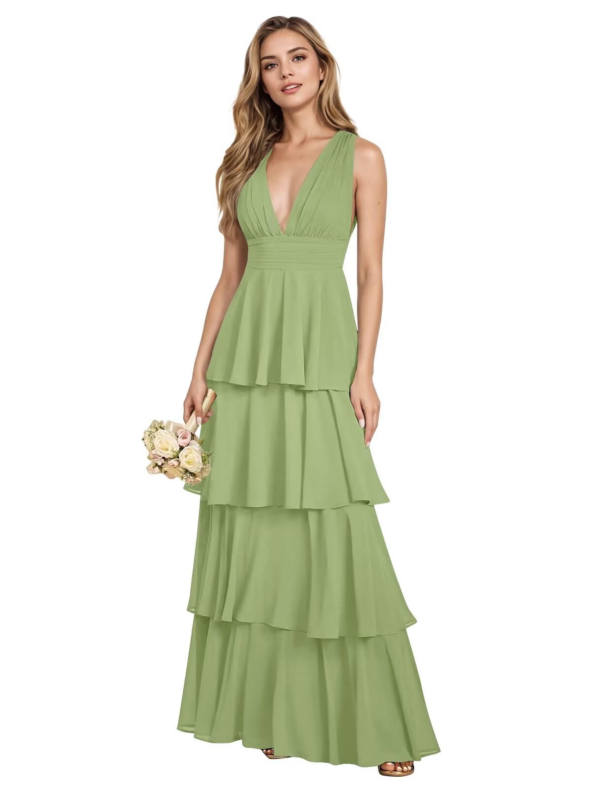 V Neck Chiffon Bridesmaid Dresses for Women 2027 Long Tiered A-Line Ruffles Formal Evening Party Dress