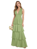 V Neck Chiffon Bridesmaid Dresses for Women 2027 Long Tiered A-Line Ruffles Formal Evening Party Dress
