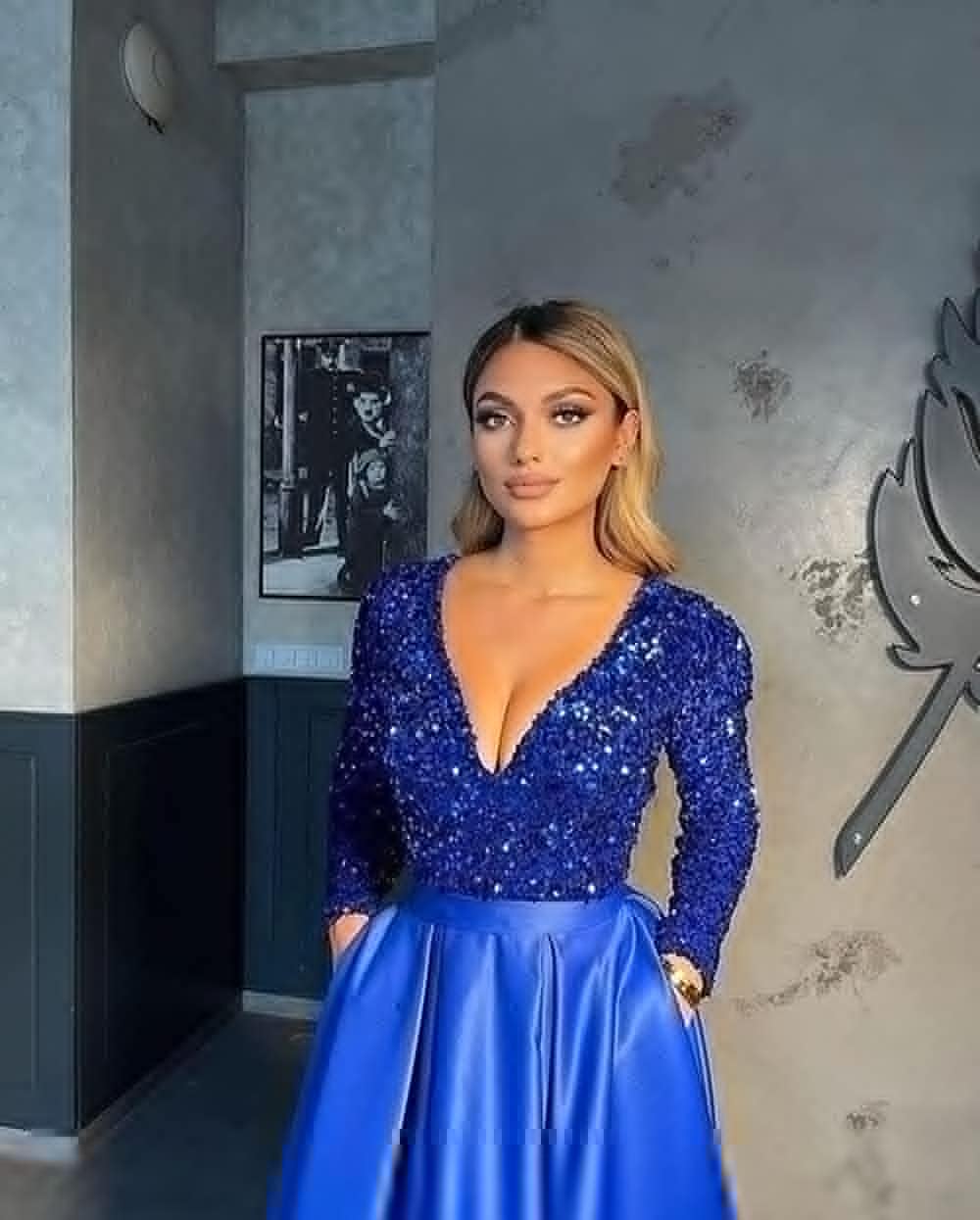 Vestido de fiesta de satén con lentejuelas brillantes para mujer, con bolsillos, manga larga y abertura. 