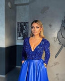 Vestido de fiesta de satén con lentejuelas brillantes para mujer, con bolsillos, manga larga y abertura. 