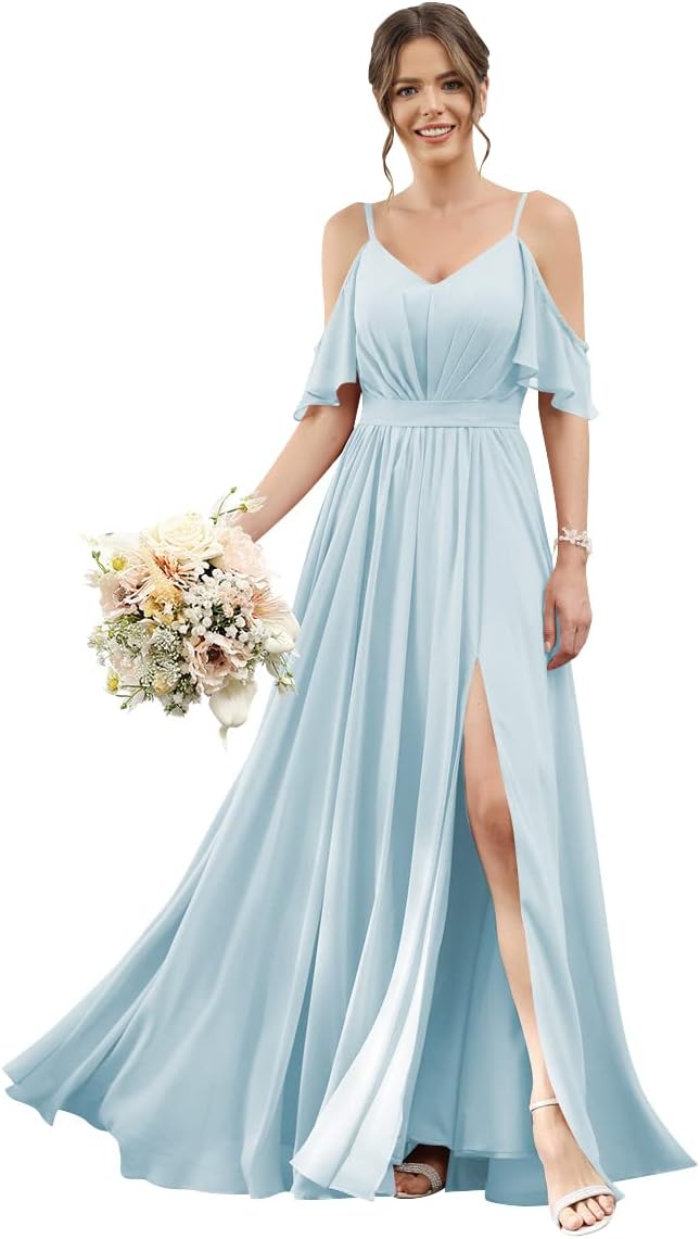 Women's Cold Shoulder Ruffle Sleeves Bridesmaid Dresses for Women 2025 Pleated Chiffon Formal Dresses with Slit