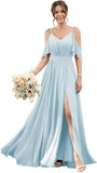 Women's Cold Shoulder Ruffle Sleeves Bridesmaid Dresses for Women 2025 Pleated Chiffon Formal Dresses with Slit