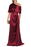 Satin Mother of The Bride Dresses for Wedding One Shoulder Formal Dress with Sleeves Mermaid Evening Party Gowns