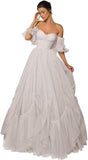 A-line Ruffled Short Sleeve Tulle Prom Dress for Women, Sweetheart Formal Gown Off The Shoulder Long Party Dress