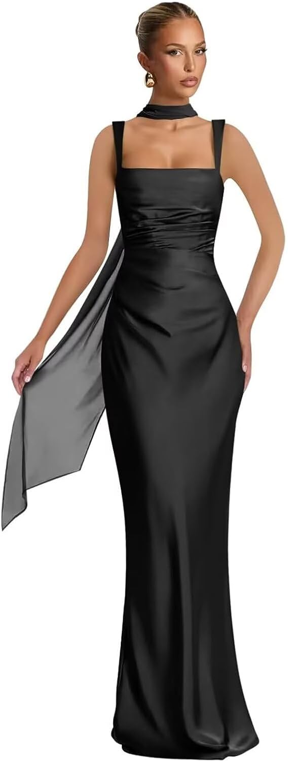 Mermaid Bridesmaid Dresses with Scarf 2027 Long Satin Spaghetti Straps Ruched Formal Evening Party Dress for Women