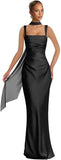 Mermaid Bridesmaid Dresses with Scarf 2027 Long Satin Spaghetti Straps Ruched Formal Evening Party Dress for Women