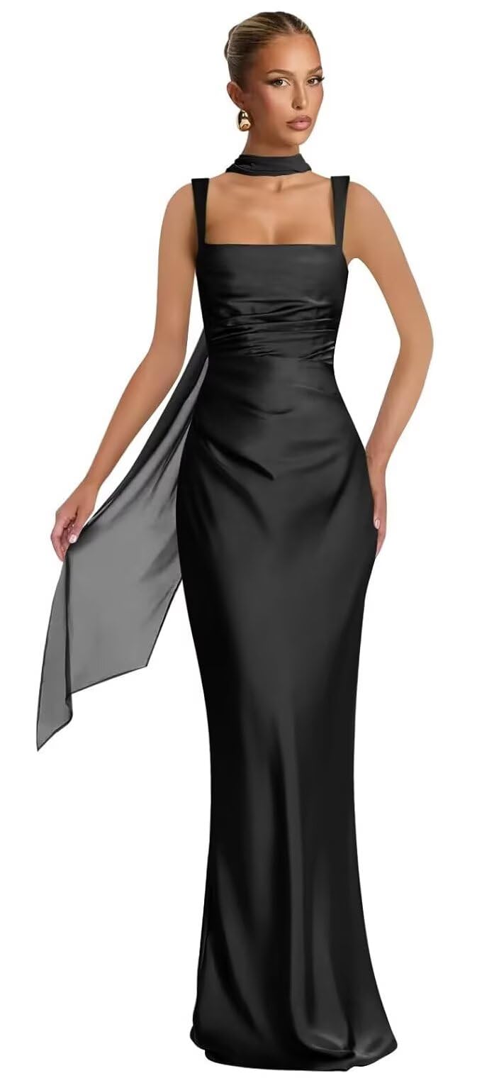 Mermaid Bridesmaid Dresses with Scarf 2027 Long Satin Spaghetti Straps Ruched Formal Evening Party Dress for Women
