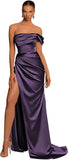 One Shoulder Mermaid Bridesmaid Dresses with Slit 2025 Pleats Satin Formal Evening Gowns for Women