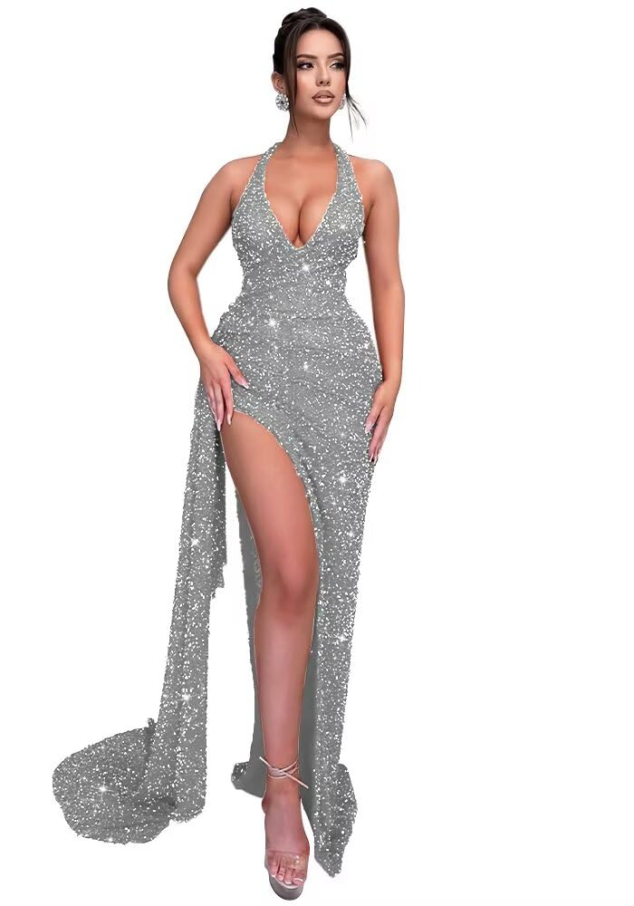 Sparkly Sequin Halter Prom Dresses for Women Mermaid Formal Dress with Slit Backless Ruched Evening Party Gowns