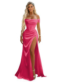 Off Shoulder Mermaid Prom Dresses with Slit 2027 Long Satin Pleated Formal Dress for Women Evening Party