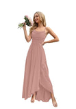 Spaghetti Strap Chiffon Bridesmaid Dresses for Women Long Ruched A-Line Cowl Neck Formal Evening Gowns with Slit