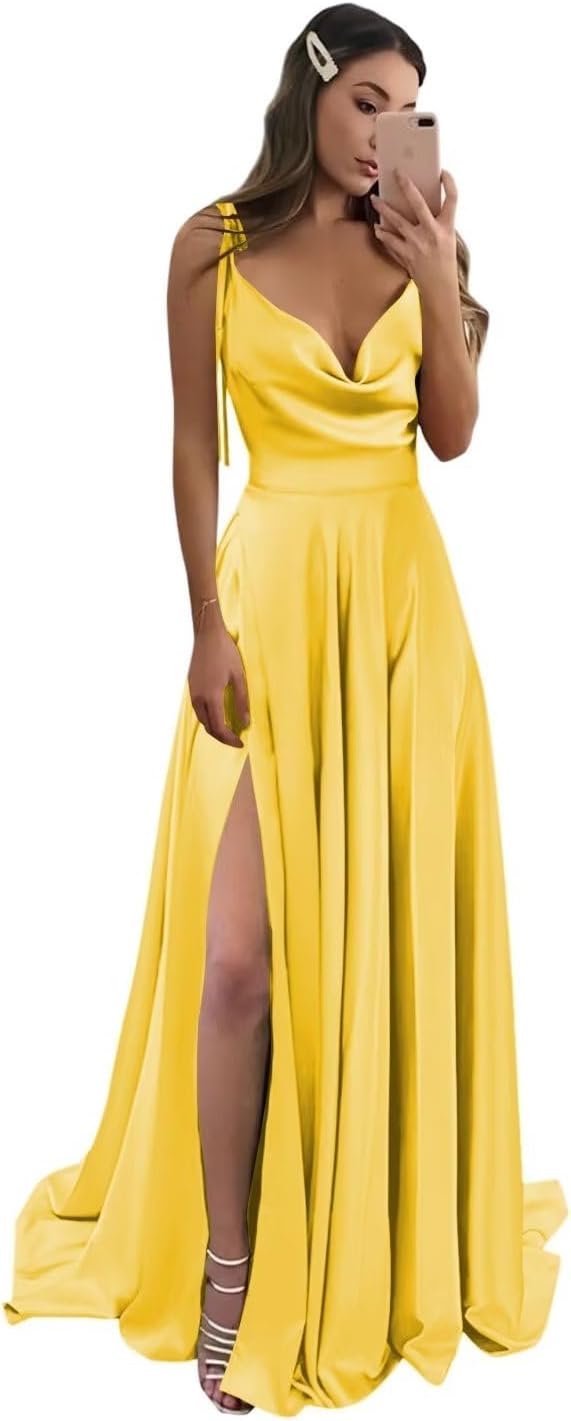 Vestidos de fiesta largos de satén con abertura alta para mujer, 2024, tirantes finos ajustables, vestidos de fiesta formales con bolsillos 