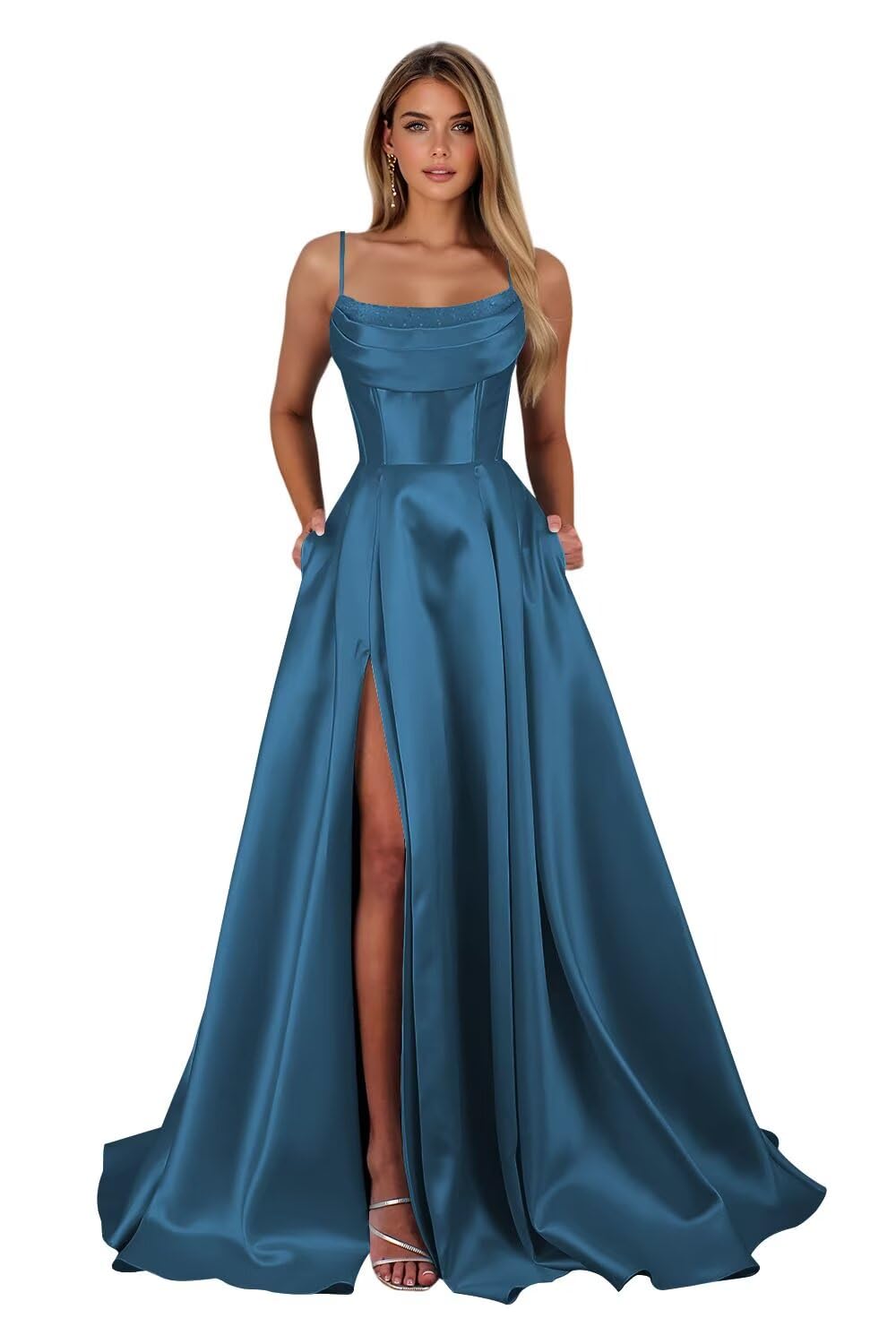 Satin Prom Dresses for Teens Long A-Line Cowl Neck Formal Evening Gown with Slit 2026 Maxi Ball Gowns
