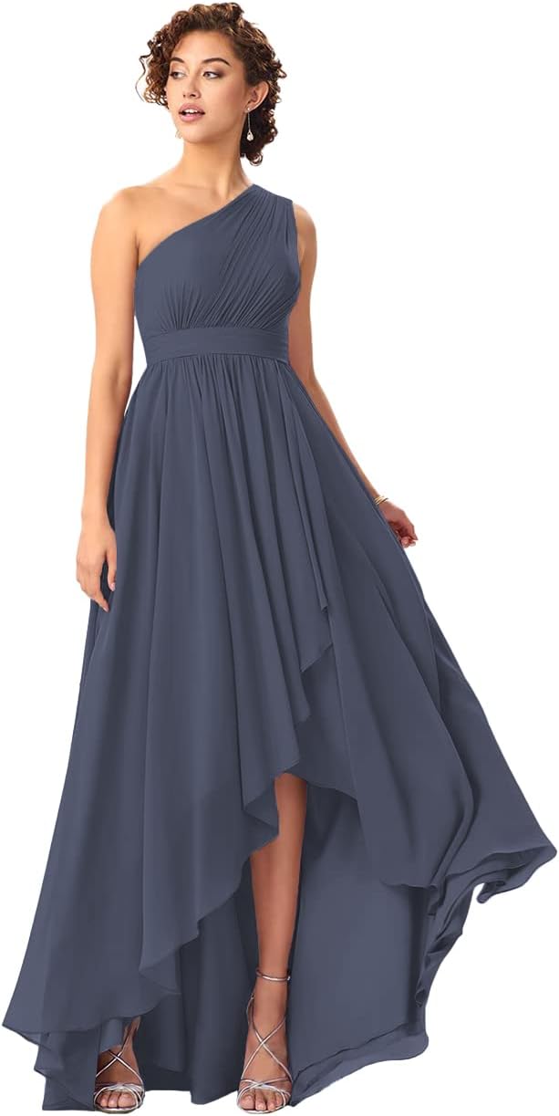 Women's One Shoulder Bridesmaid Dresses High Low Chiffon Formal Party Gowns with Pockets