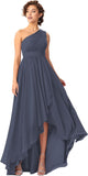 Women's One Shoulder Bridesmaid Dresses High Low Chiffon Formal Party Gowns with Pockets