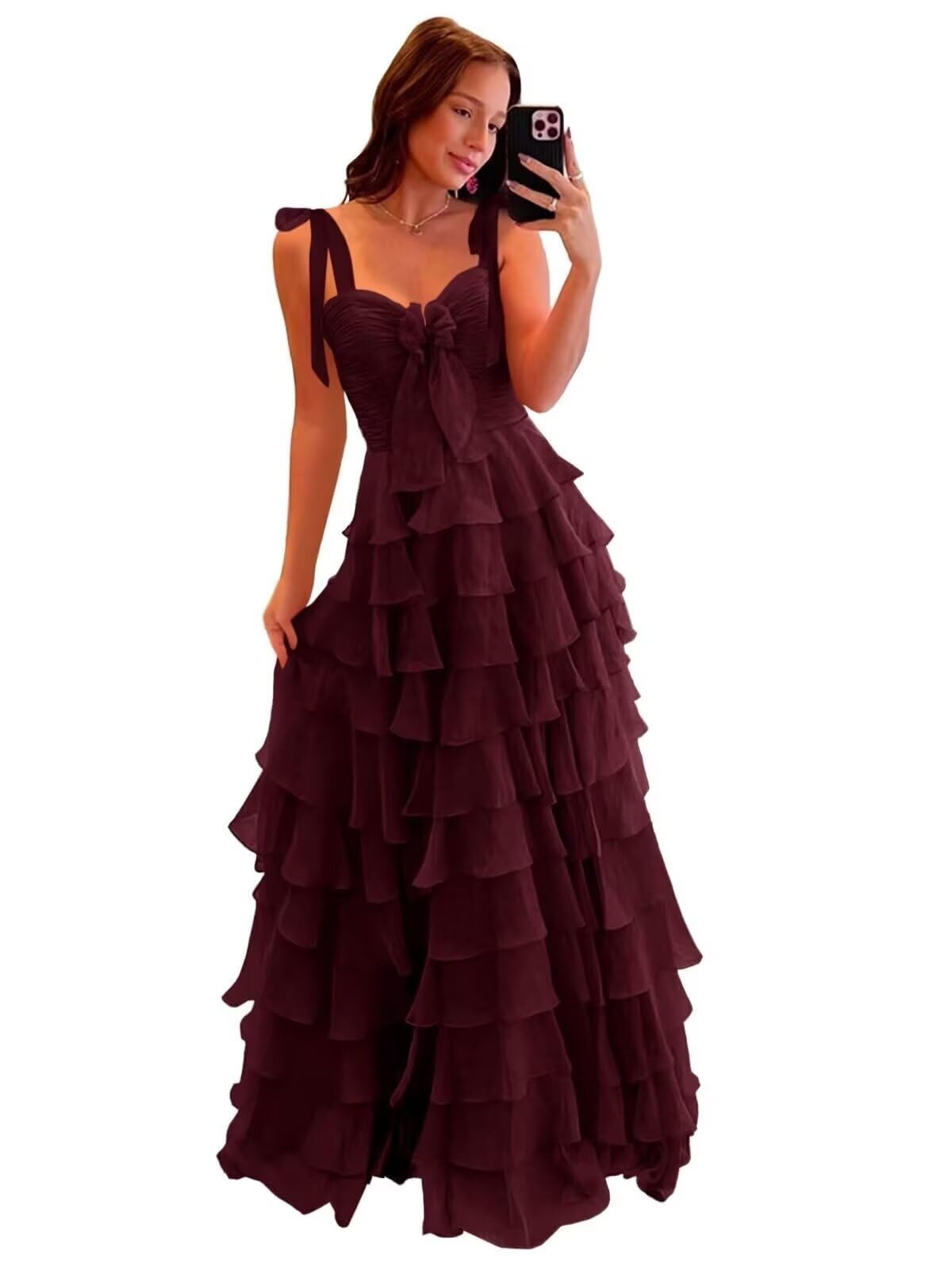 Tiered Prom Dresses with Bow Long A-Line Chiffon Formal Evening Dress for Women Spaghetti Straps Slit Ball Gown
