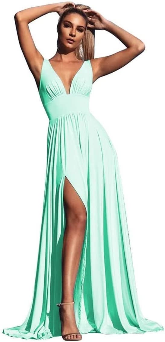 V-Ausschnitt Satin Brautjungfernkleider für Hochzeiten Geteilte Ballkleider Lange A-Linie Abendkleider für Damen 