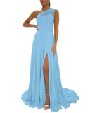 One Shoulder Chiffon Bridesmaid Dresses for Wedding 2026 Lace A-Line Slit Formal Evening Party Gown with Pockets