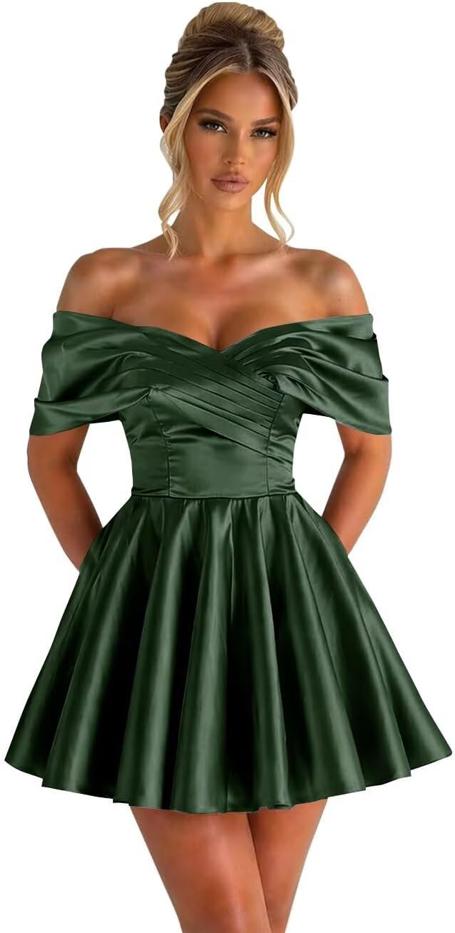 Off Shoulder Satin Homecoming Dresses for Teens 2026 Short Prom Dress A-line Pleated Cocktail Party Gowns
