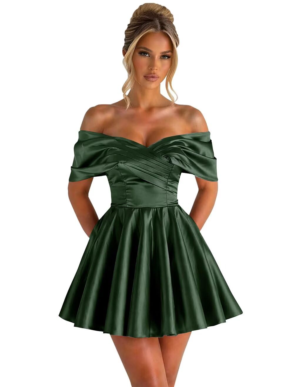 Off Shoulder Satin Homecoming Dresses for Teens 2026 Short Prom Dress A-line Pleated Cocktail Party Gowns