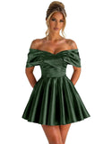 Off Shoulder Satin Homecoming Dresses for Teens 2026 Short Prom Dress A-line Pleated Cocktail Party Gowns