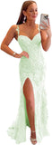 Women's Lace Mermaid Prom Dresses Long with Slit Mermaid Spaghetti Straps Backless Formal Evening Gowns