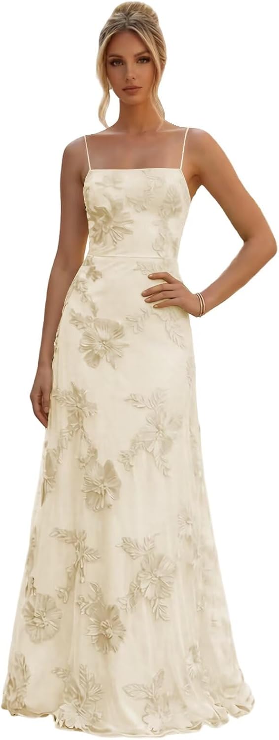 Floral Embroidery Prom Dresses for Women Spaghetti Straps A Line Formal Maxi Dress