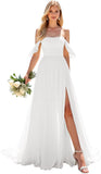 Kingbridal Gowns Lace Appliques Wedding Dresses for Bride Long V Neck Tulle Chiffon A-line Sleeveless Bridal Ball Gown for Women