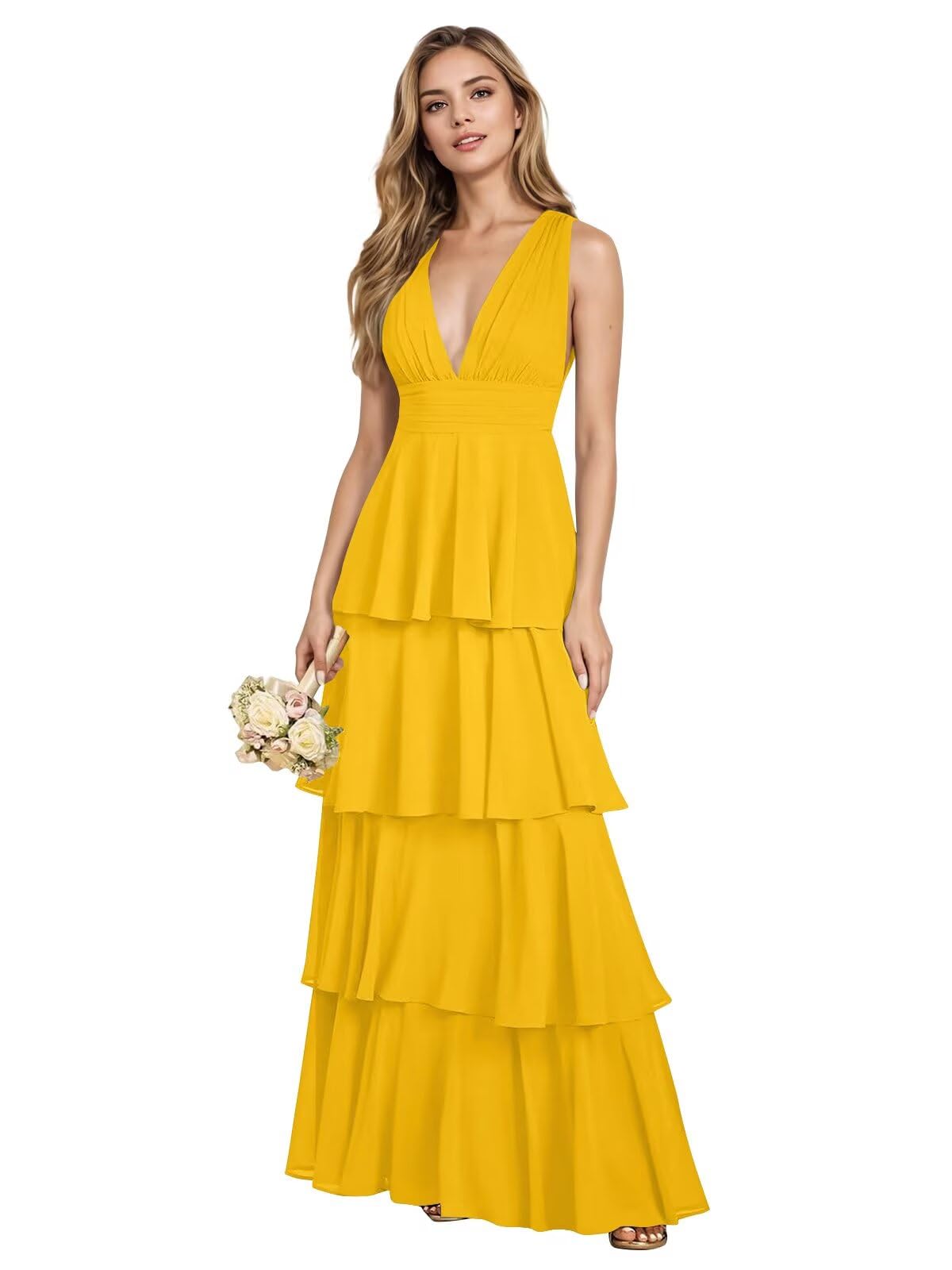 V Neck Chiffon Bridesmaid Dresses for Women 2027 Long Tiered A-Line Ruffles Formal Evening Party Dress
