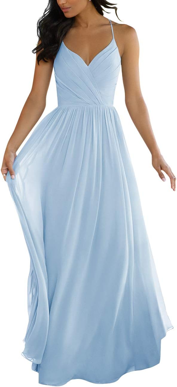 V Neck Bridesmaid Dresses for Women 2025 Long Chiffon Pleated A-line Spaghetti Strap Wedding Evening Prom Gown