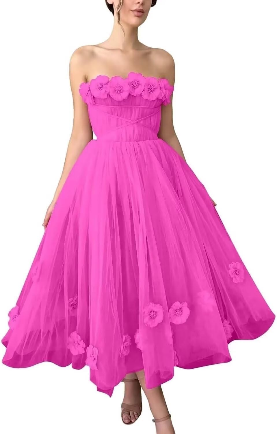 Women's 3D Flower Off Shoulder Tea Length Whimsical Prom Dress, A Line Strapless Tulle Formal Evening Party Gown