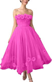 Women's 3D Flower Off Shoulder Tea Length Whimsical Prom Dress, A Line Strapless Tulle Formal Evening Party Gown
