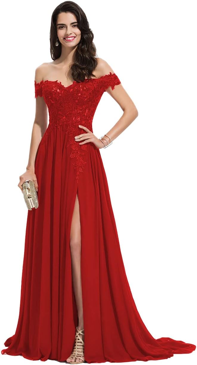 Women's Off The Shoulder Long Prom Dresses with Slit Lace Appliqued Chiffon Formal Party Gowns