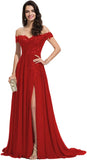 Women's Off The Shoulder Long Prom Dresses with Slit Lace Appliqued Chiffon Formal Party Gowns
