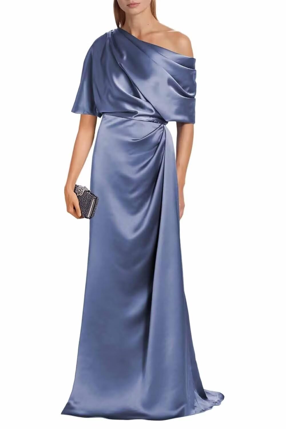 Satin Mother of The Bride Dresses for Wedding One Shoulder Formal Dress with Sleeves Mermaid Evening Party Gowns
