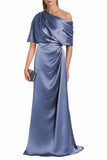 Satin Mother of The Bride Dresses for Wedding One Shoulder Formal Dress with Sleeves Mermaid Evening Party Gowns