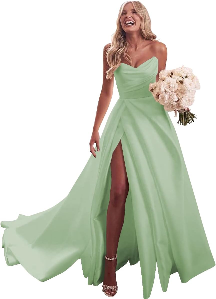 Strapless Satin Prom Wedding Dresses with Slit Long Pleats Formal Ball Bridal Gowns with Pockets
