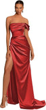 One Shoulder Mermaid Bridesmaid Dresses with Slit 2025 Pleats Satin Formal Evening Gowns for Women