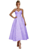 Jacquard Satin Prom Dresses for Women Strapless Tea Length Sweetheart Neck A-line Formal Party Dress with Pockets