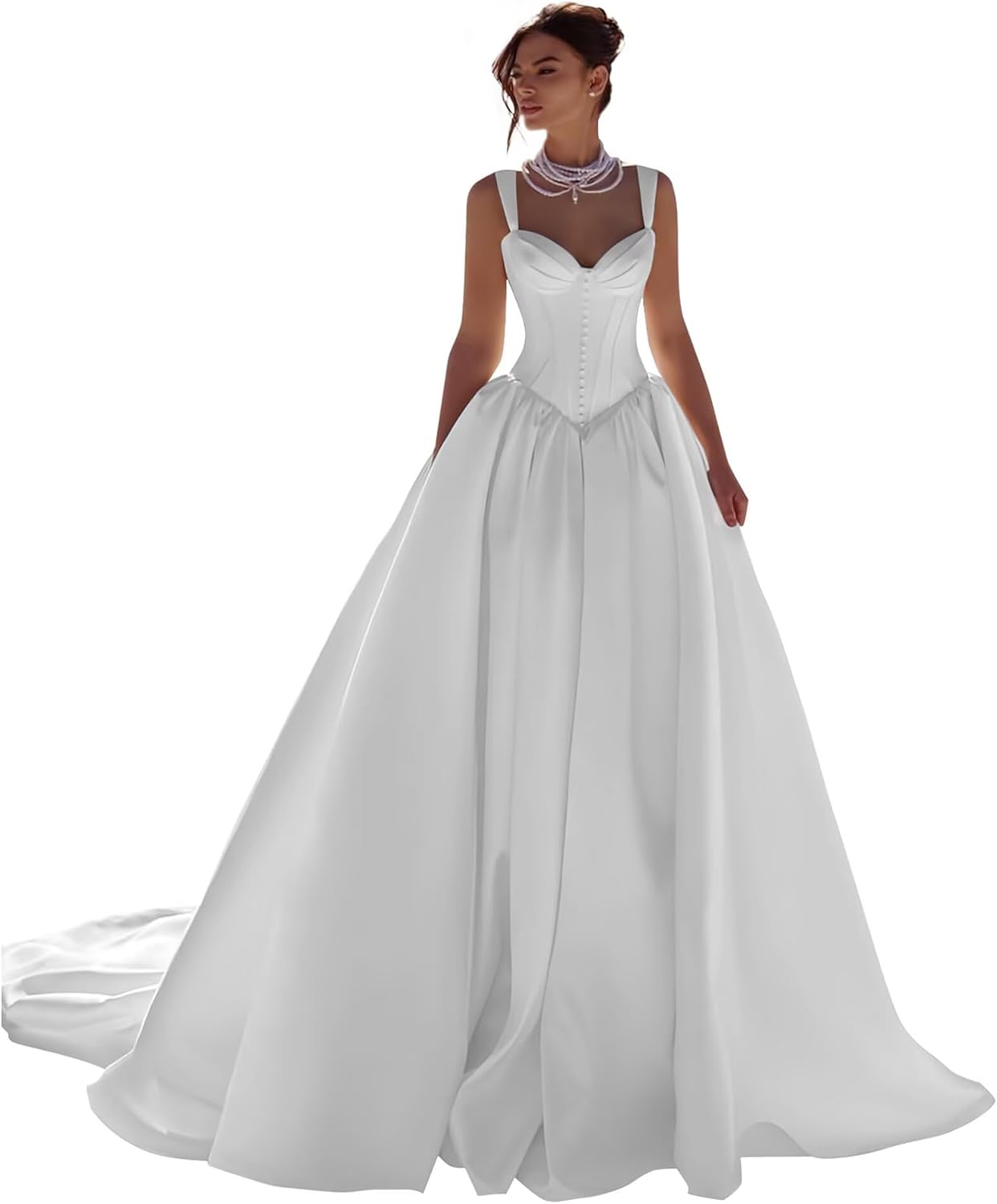 Spaghetti Straps Satin Wedding Dress for Bride 2027 A Line V Neck Bridal Gowns with Train