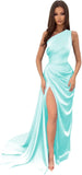 Vestidos de dama de honor largos con un hombro al descubierto y pliegues de satén estilo sirena para fiesta de boda formal 