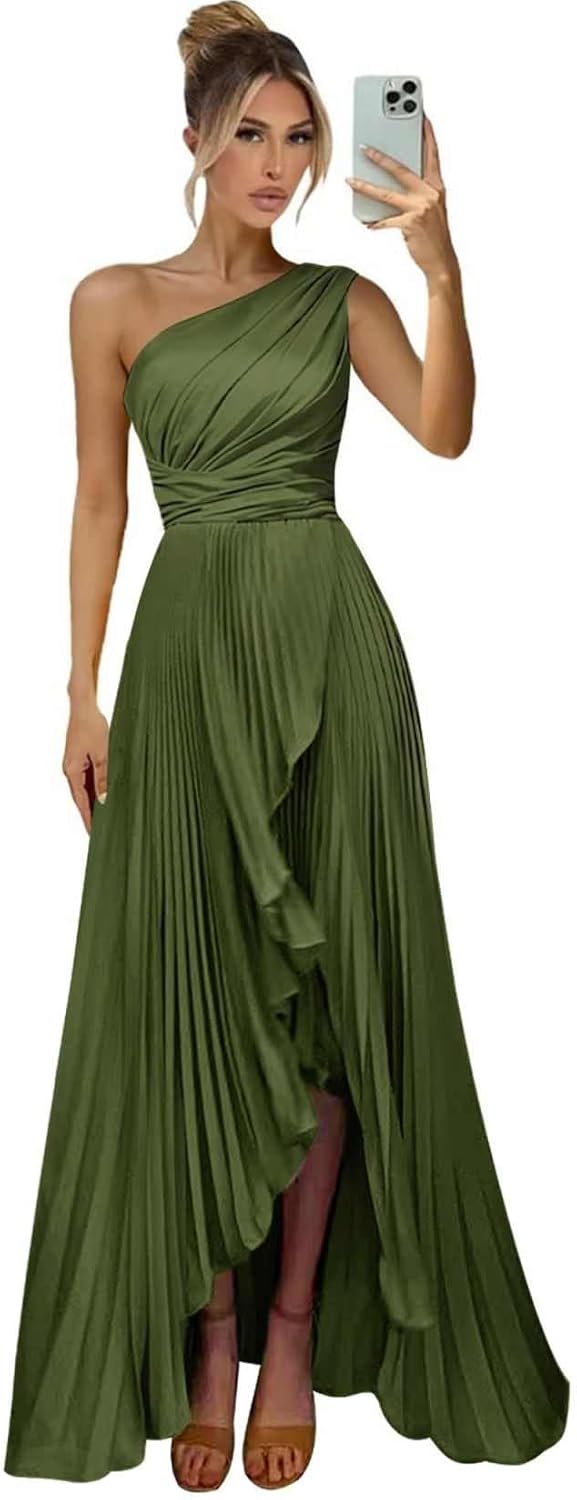 One Shoulder Bridesmaid Dresses for Women Satin Pleated Long A Line Formal Prom Evening Party Dress with Slit