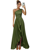 One Shoulder Bridesmaid Dresses for Women Satin Pleated Long A Line Formal Prom Evening Party Dress with Slit