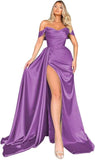 Off Shoulder Satin Bridesmaid Dresses Long Formal Gown for Wedding Ruched Prom Dress with Slit