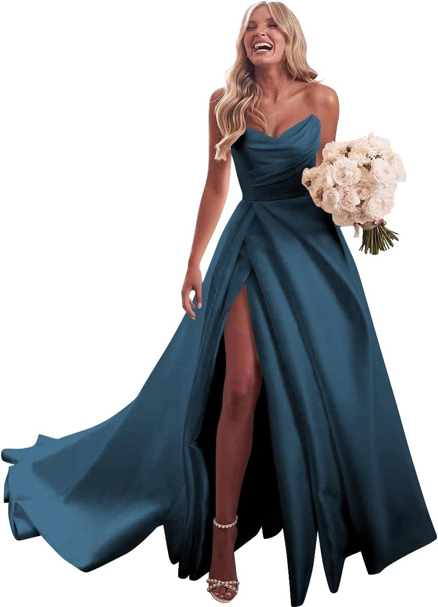 Strapless Satin Prom Wedding Dresses with Slit Long Pleats Formal Ball Bridal Gowns with Pockets