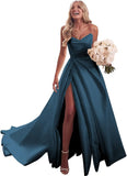 Strapless Satin Prom Wedding Dresses with Slit Long Pleats Formal Ball Bridal Gowns with Pockets