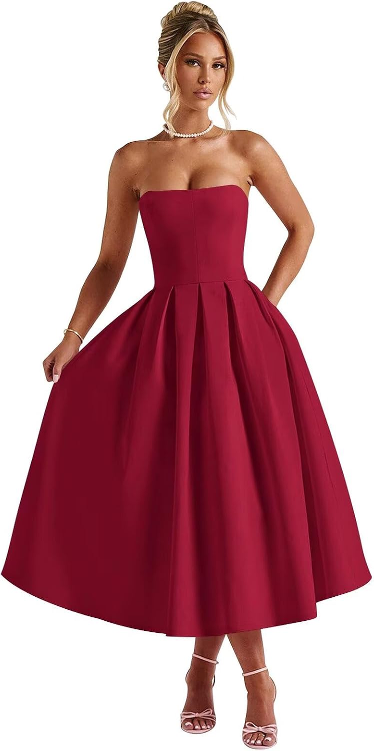 Strapless Satin Tea Length Prom Dresses for Women 2027 A-Line Corset Backless Cocktail Bridesmaid Dress with Pocket